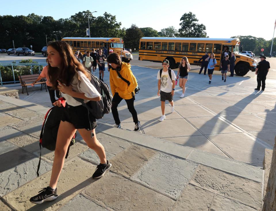 Westlake High School students in Thornwood, arrive on the first day of school, Sept. 1, 2022. 