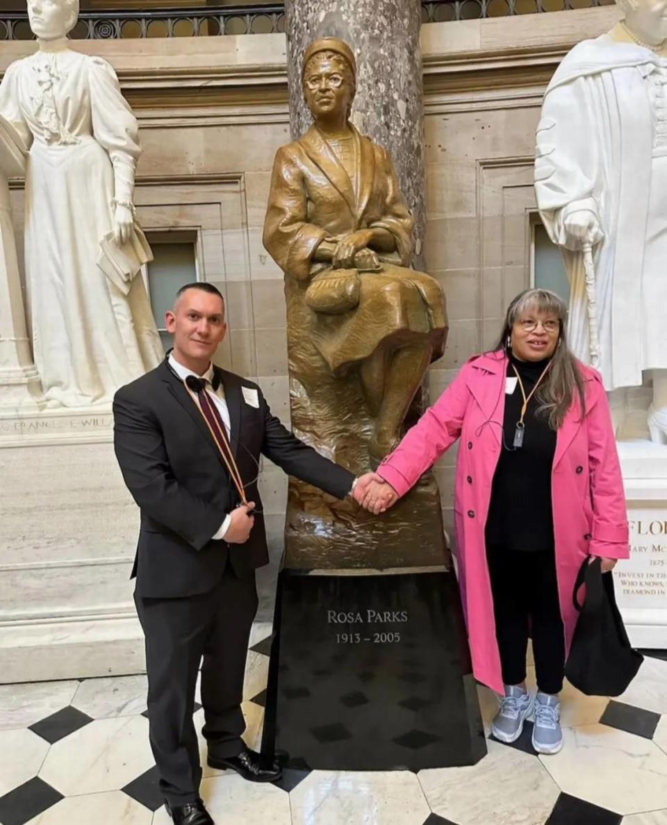 Charles Sims, the great-great-great-grandson of Confederate icon J.Z. George, has met with Rosa Parks’ niece, Shelia Keys. They are pictured here in front of Parks’ statue in the U.S. Capitol.