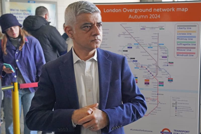 Mayor of London Sadiq Khan during a visit to Highbury and Islington underground station, north London, to announce that London Overground services will be split into separate lines, which will be given individual names and colours to make the network easier to navigate. Jonathan Brady/PA Wire/dpa