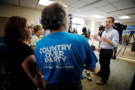 Dan McCready, Democratic candidate in the special election for North Carolina's 9th Congressional District, speaks to volunteers at his campaign headquaters in Charlotte, North Carolina