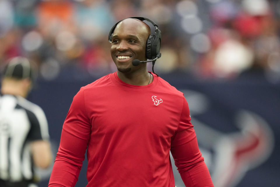 Houston Texans head coach DeMeco Ryans looks on during the second half of an NFL preseason football game against the Miami Dolphins, Saturday, Aug. 19, 2023, in Houston. (AP Photo/Eric Christian Smith)