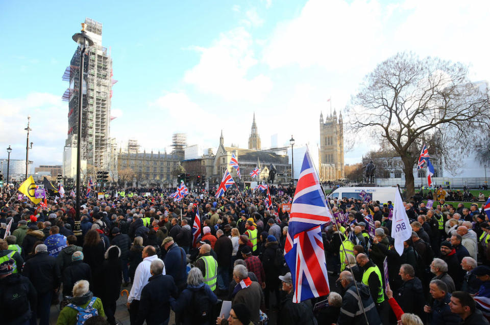 People take part in a “Brexit Betrayal” march and rally organised by Ukip in Parliament Square, central London (Picture: PA)