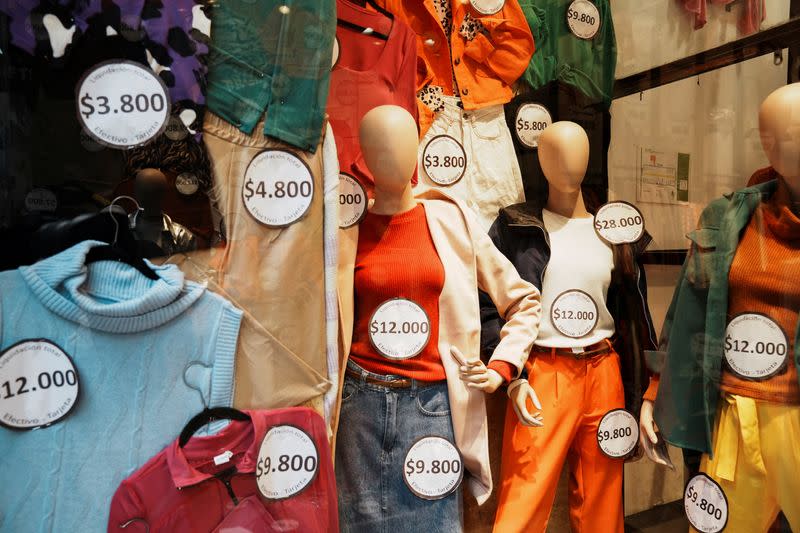 Prices are displayed on clothes, as Argentina is due to release consumer inflation data for April, in downtown Buenos Aires