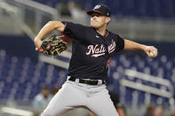Washington Nationals' pitcher Josh Rogers (65) throws during the first inning of a baseball game against the Miami Marlins, Tuesday, Sept. 21, 2021, in Miami. (AP Photo/Marta Lavandier)