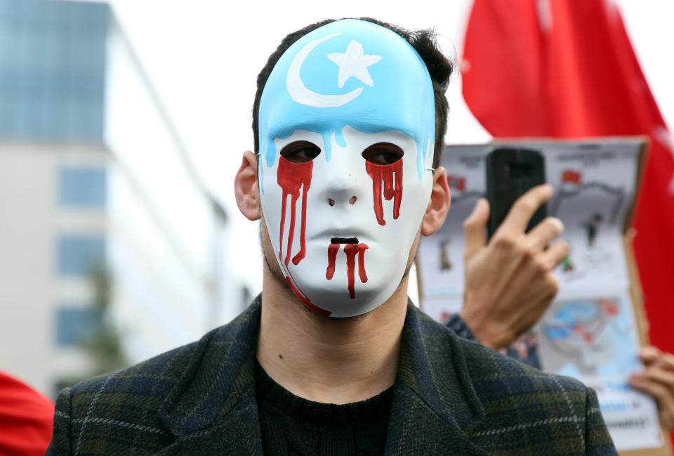 BRUSSELS, BELGIUM - FEBRUARY 02: Nearly 200 Uighur Turks gather to protest against China and its East Turkistan policies in front of the European Parliament building in Brussels, Belgium on February 02, 2020. (Photo by Dursun Aydemir/Anadolu Agency via Getty Images)