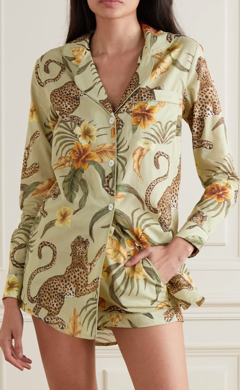 long sleeve button down pyjama top and matching shorts with a jaguar and palm frond pattern