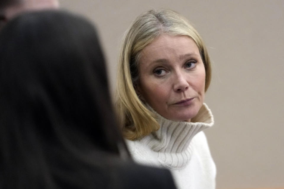 Actor Gwyneth Paltrow looks on before leaving the courtroom, Tuesday, March 21, 2023, in Park City, Utah, where she is accused in a lawsuit of crashing into a skier during a 2016 family ski vacation, leaving him with brain damage and four broken ribs. Terry Sanderson claims that the actor-turned-lifestyle influencer was cruising down the slopes so recklessly that they violently collided, leaving him on the ground as she and her entourage continued their descent down Deer Valley Resort, a skiers-only mountain known for its groomed runs, après-ski champagne yurts and posh clientele. (AP Photo/Rick Bowmer, Pool)