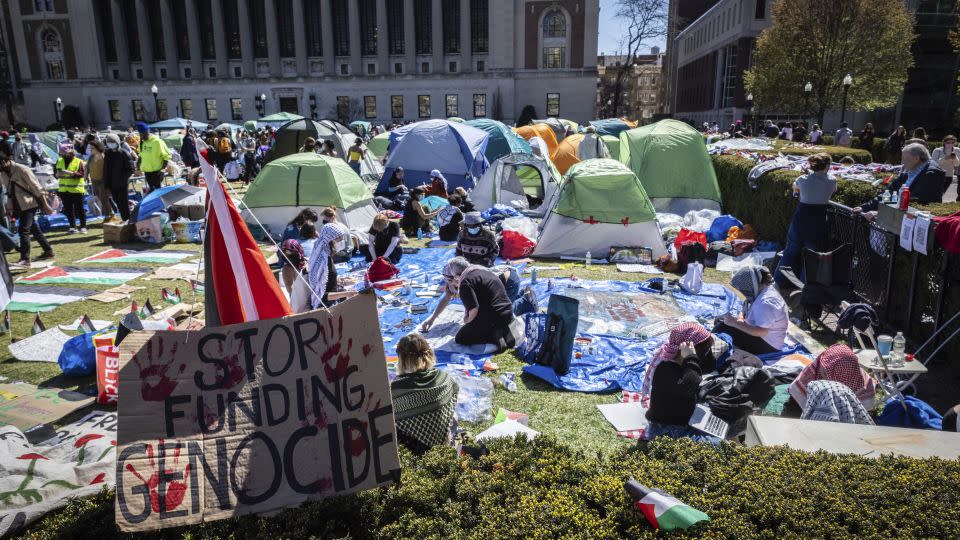 A robust encampment of pro-Palestinian protesters has formed on Columbia University's West Lawn. - Stefan Jeremiah/AP