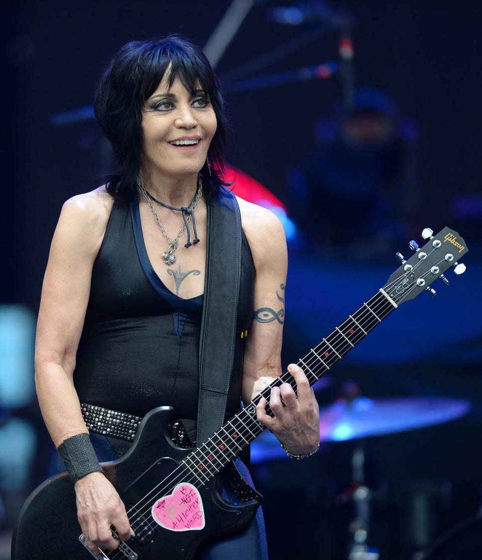 Joan Jett smiles at the audience as she and The Blackhearts perform during The Stadium Tour 2022 at Bank of America Stadium in Charlotte, NC on Tuesday, June 28, 202. The concert featured Classless Act, Poison, Motley Crue and Def Leppard.