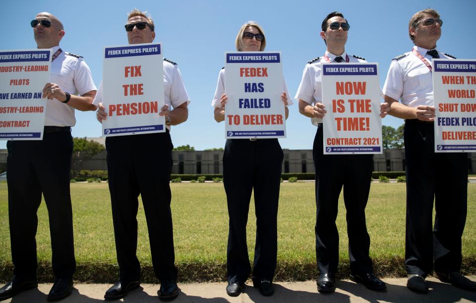 FedEx pilots picket as the Air Line Pilot's Association continues to negotiate a new contract with FedEx on Tuesday June 28, 2022, along Democrat Road in Memphis. The association is seeking adjustments to pilots’ pensions based on cost-of-living as well as benefits that enhance the quality of life of pilots as they work. “We would have preferred not to stand out in the sun in Memphis on a summer day, but our goal is to get this done,” said Capt. Chris Norman. “It’s time.” 