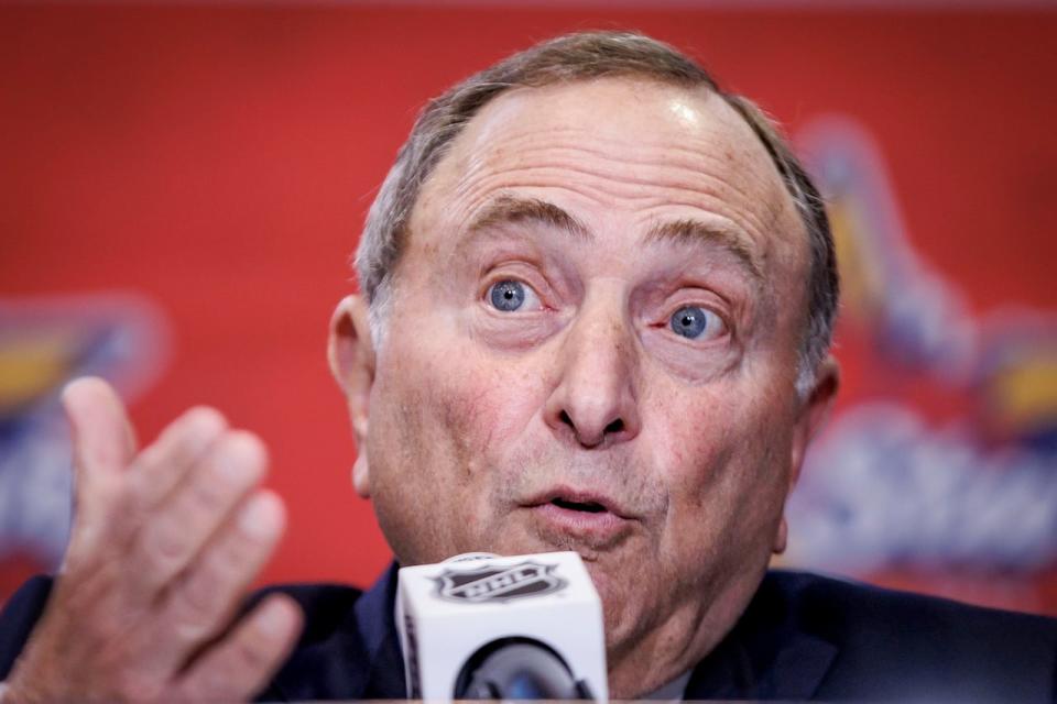 NHL Commissioner Gary Bettman answers questions from members of the media during a press conference during the All Star break, in Toronto, on Feb. 2, 2024.