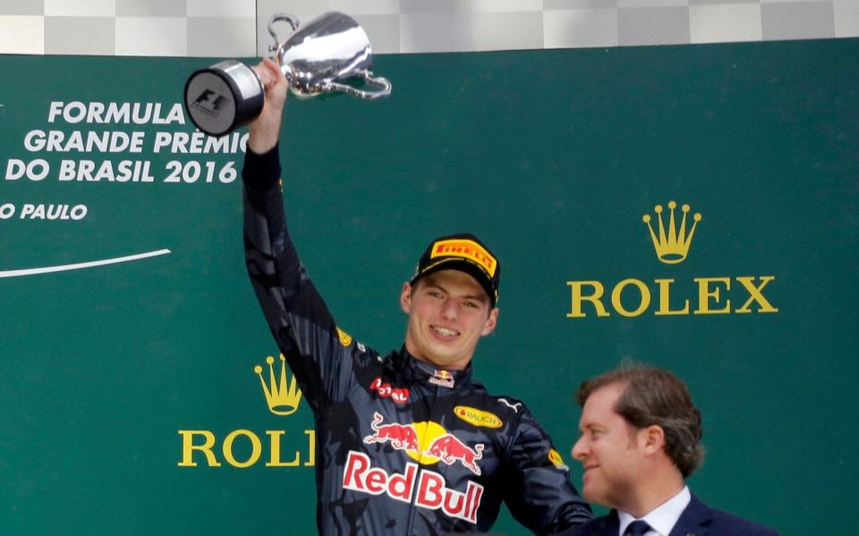 Brazilian Grand Prix - Circuit of Interlagos, Sao Paulo, Brazil - 13/11/2016 - Red Bull's Max Verstappen of the Netherlands celebrates after finishing third in the race - REUTERS/Nacho Doce