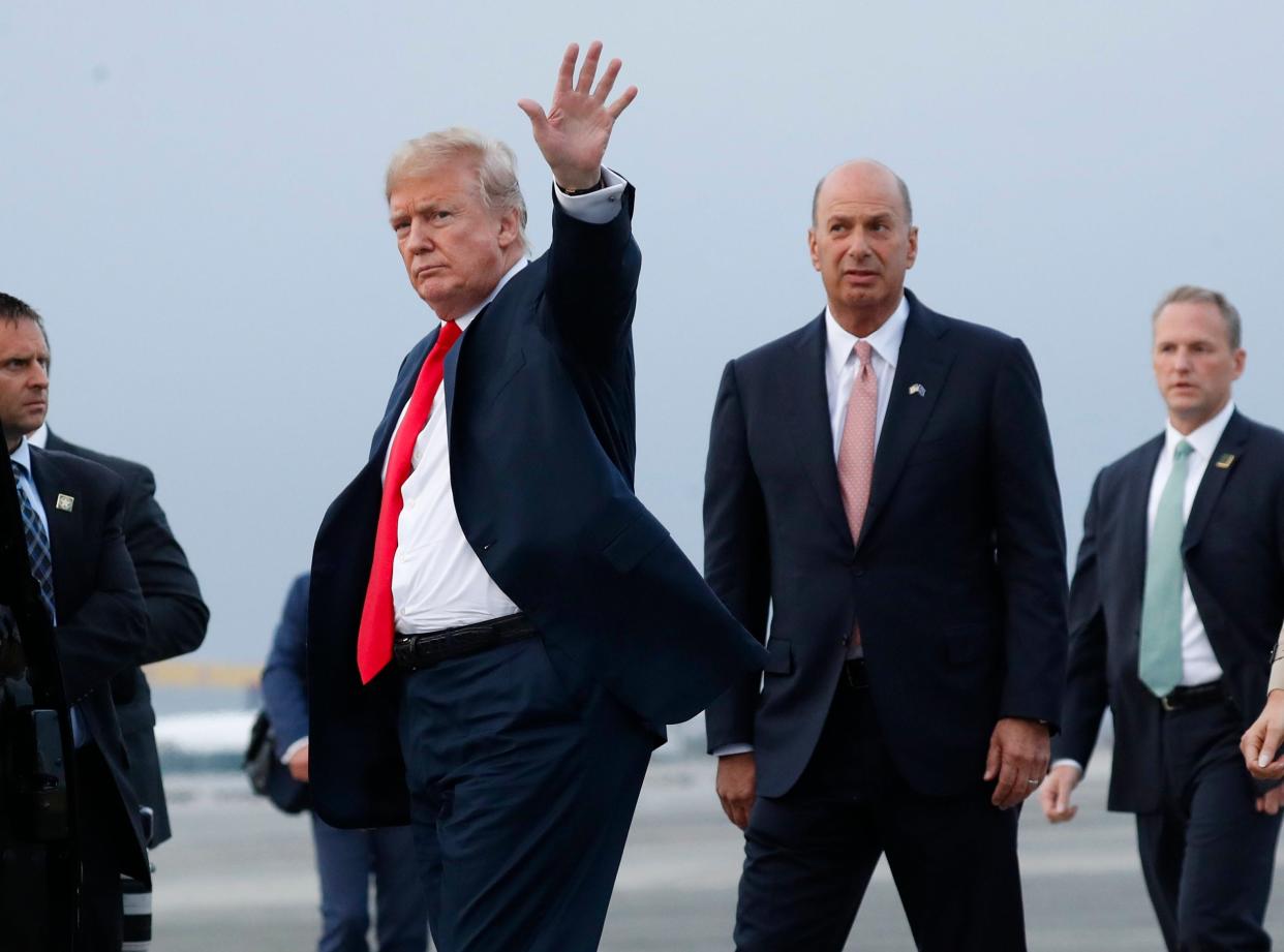 President Donald Trump pictured with Gordon Sondland, the US ambassador to the European Union, at Melsbroek airbase in Brussels: AP