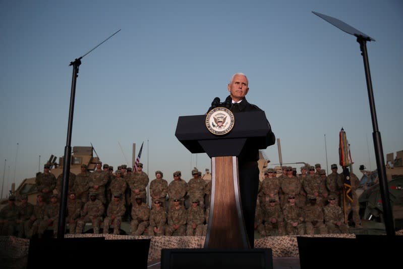 U.S. Vice President Pence delivers remarks to U.S. troops at a U.S. military facility at Erbil International Airport in Erbil, Iraq