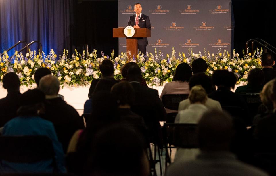 Mayor Steven Reed speaks during the State of the City event at Cramton Bowl Multiplex in Montgomery, Ala., on Tuesday, Jan. 31, 2023.