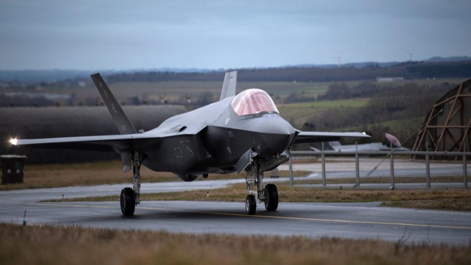 An Air Force F-35A Lightning II from the 34th Fighter Squadron at Hill Air Force Base, Utah, taxis to an aircraft shelter on Spangdahlem Air Base, Germany, Feb. 16, 2022. (Tech. Sgt. Maeson L. Elleman/Air Force)