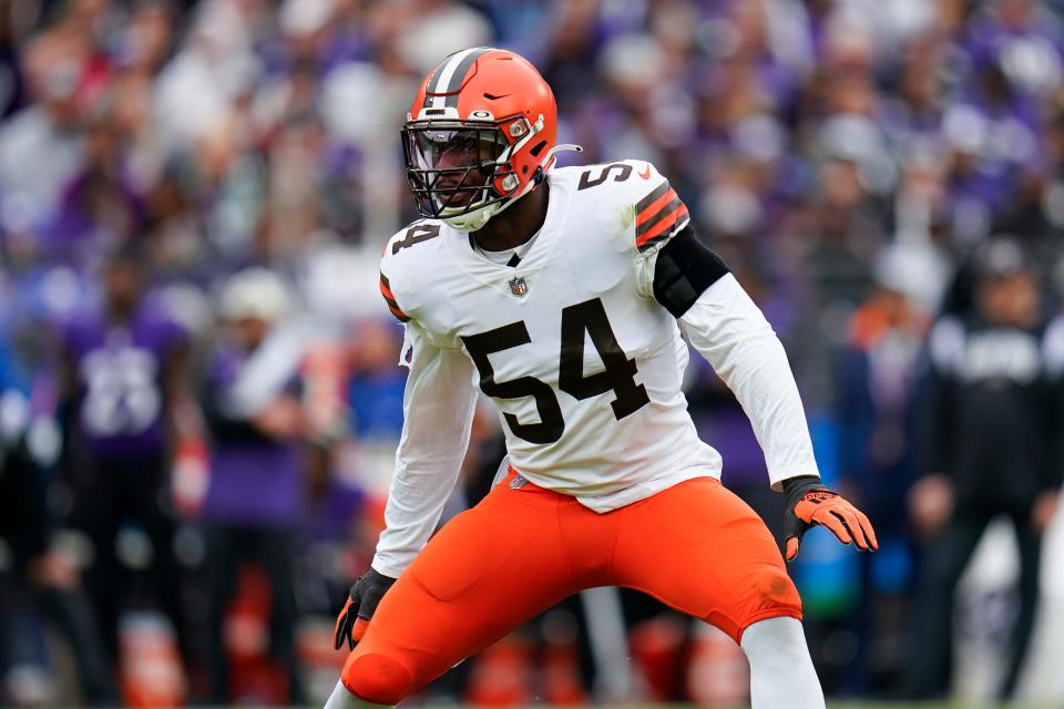 Cleveland Browns linebacker Deion Jones (54) is shown in action against the Baltimore Ravens in the second half of an NFL football game, Sunday, Oct. 23, 2022, in Baltimore. (AP Photo/Julio Cortez)