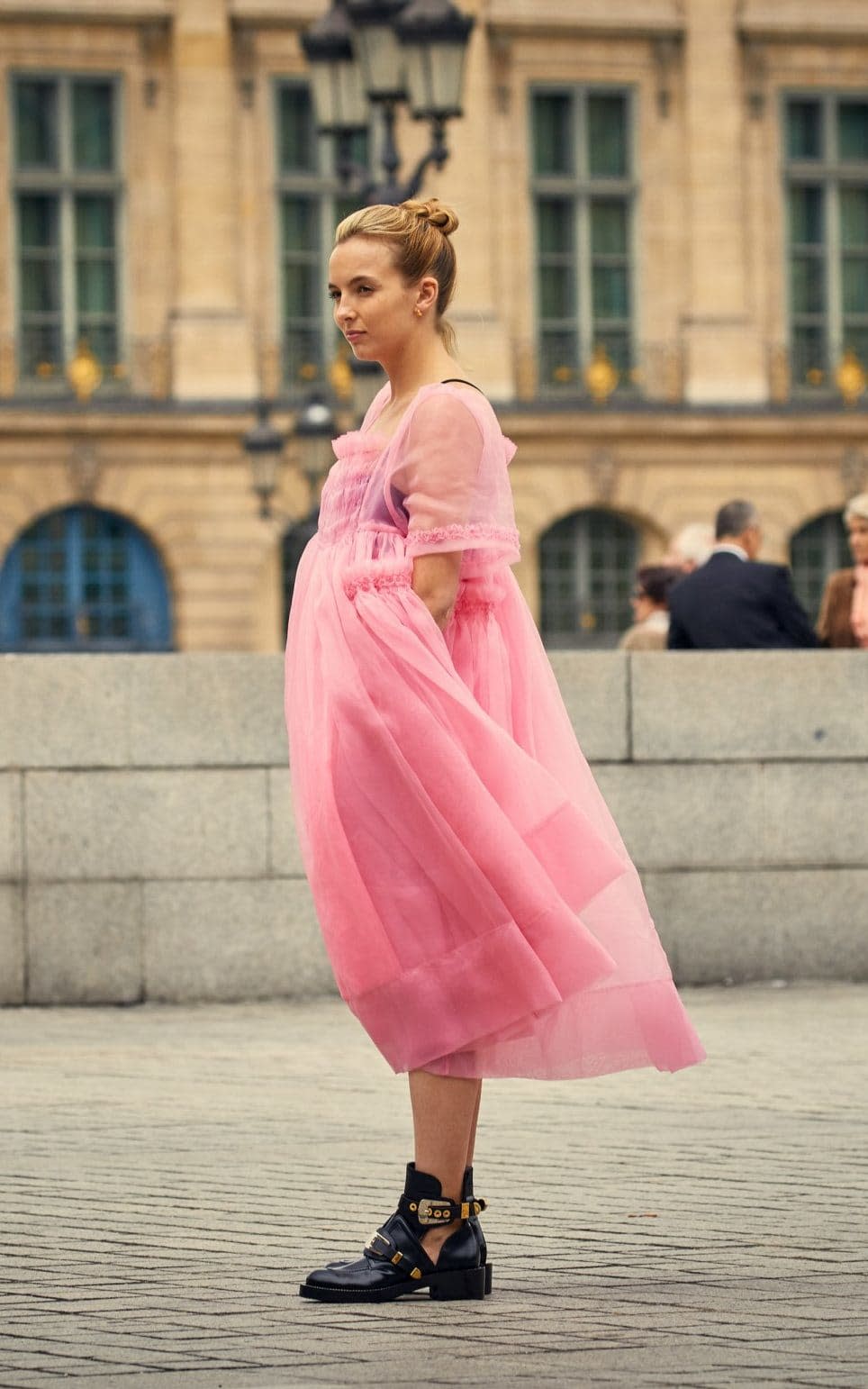 Jodie Comer wearing Molly Goddard tulle as character Villanelle in Killing Eve - BBC