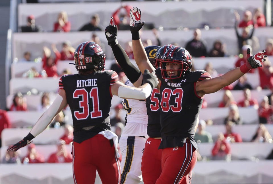 Utah safety Nate Ritchie (31) celebrates his sack against California during an NCAA college football game Saturday. Oct. 14, 2023, in Salt Lake City. (Jeffrey D. Allred/The Deseret News via AP)