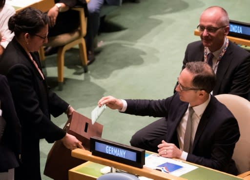 German Foreign Minister Heiko Maas votes during a General Assembly meeting to elect the five non-permanent members of the Security Council at the United Nations in New York on June 8, 2018