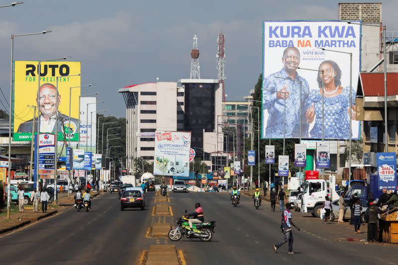 FILE PHOTO: Election banners of Kenya's opposition leader and presidential candidate Raila Odinga and Kenya's Deputy President William Ruto, are seen in Kericho