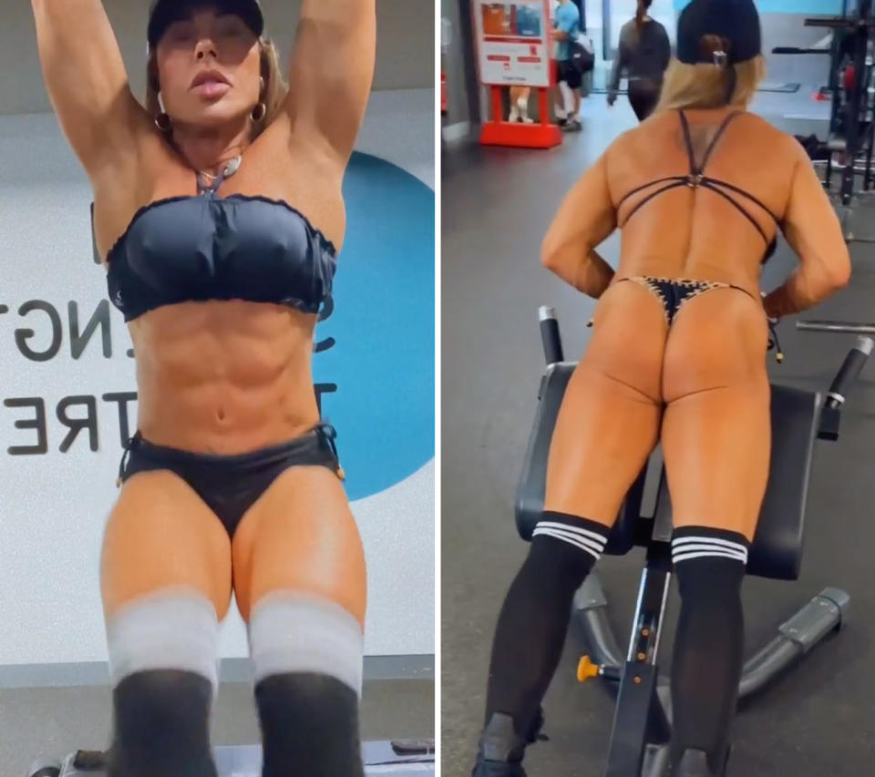 Two photos of Andrea Sunshine working out in a skimpy bikini