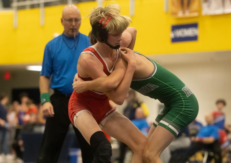 Brennan Leonard wrestles during the Mooresville Holiday Classic on Wednesday, Dec. 28, 2021.