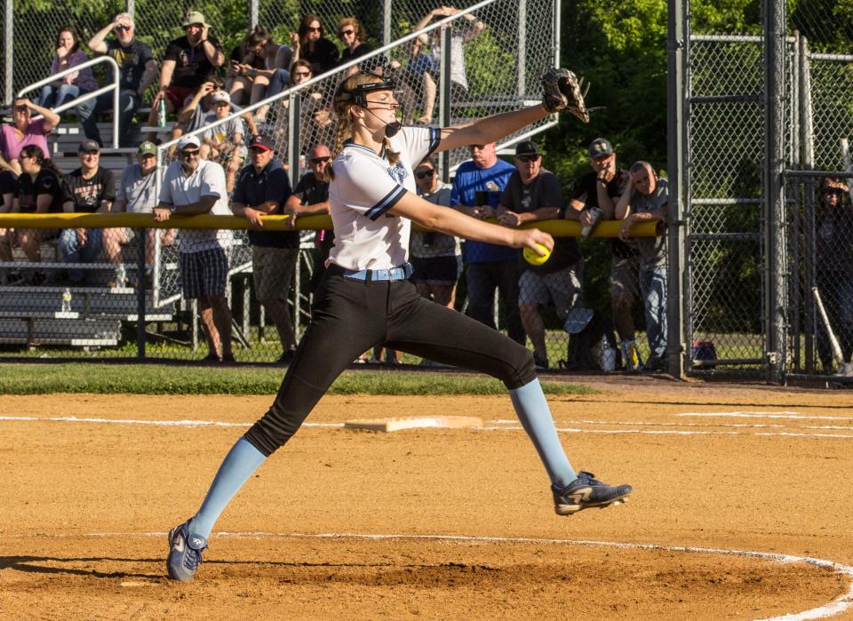 Rye Neck's Katie Blanch winds up for the pitch. Rye Neck defeated Albertus Magnus, 4-3, to win the Section 1 Class B softball title at North Rockland High School on May 29, 2022.
