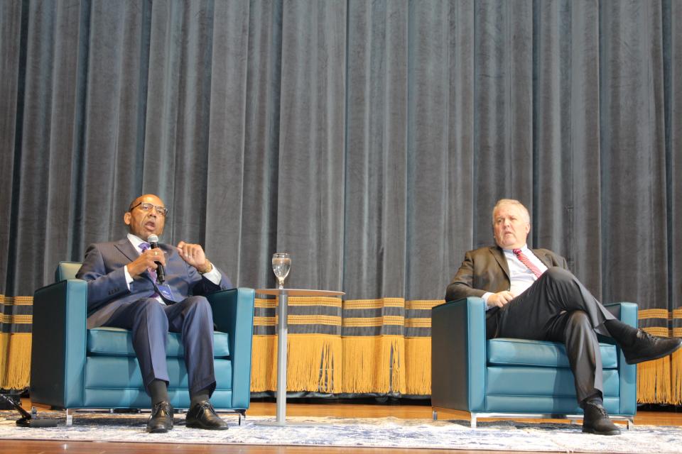 Vann Newkirk and Greg Jones, the presidents of Fisk University and Belmont University, at a panel featuring five total college and university leaders from Nashville-based institutions.