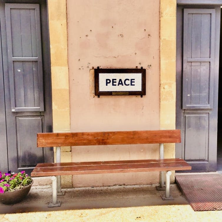 <span class="caption">Peace bench on Ledras Street, Nicosia, Cyprus.</span> <span class="attribution"><span class="source">Author provided</span>, <a class="link " href="http://creativecommons.org/licenses/by-nc-nd/4.0/" rel="nofollow noopener" target="_blank" data-ylk="slk:CC BY-NC-ND;elm:context_link;itc:0;sec:content-canvas">CC BY-NC-ND</a></span>