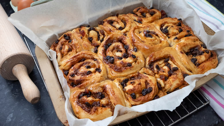 Tray of glazed Chelsea buns