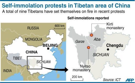 Map showing the Tibetan districts of China's Sichuan province where a total of nine people, including one woman, have staged self-immolation protests in recent months