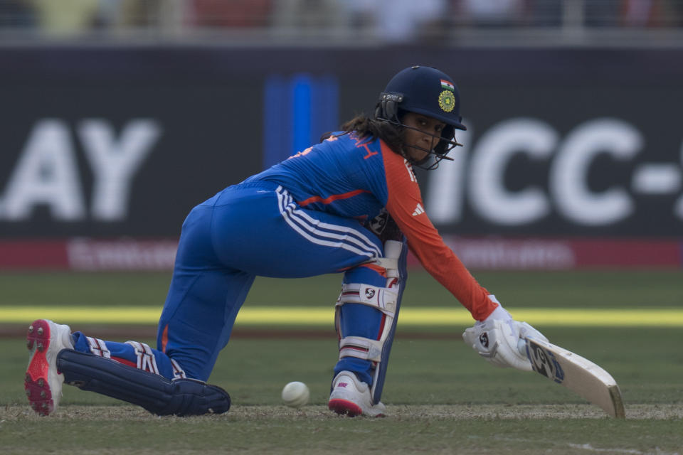 India's Jemimah Rodrigues plays a reverse sweep shot during the ICC Women's T20 World Cup 2024 match between Pakistan and India at Dubai International Stadium, United Arab Emirates, Sunday, Oct. 6, 2024. (AP Photo/Altaf Qadri)