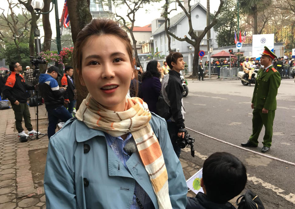 Shin Eun Ha, a North Korean defector, speaks outside a hotel where North Korean leader Kim Jong Un is staying, Tuesday, Feb. 26, 2019, ahead of his summit with U.S. President Donald Trump. Shin and another North Korean defector have flown to Hanoi to wish for progress during the second summit between their former leader Kim Jong Un and Trump. (AP Photo Kim Hyung-jin)