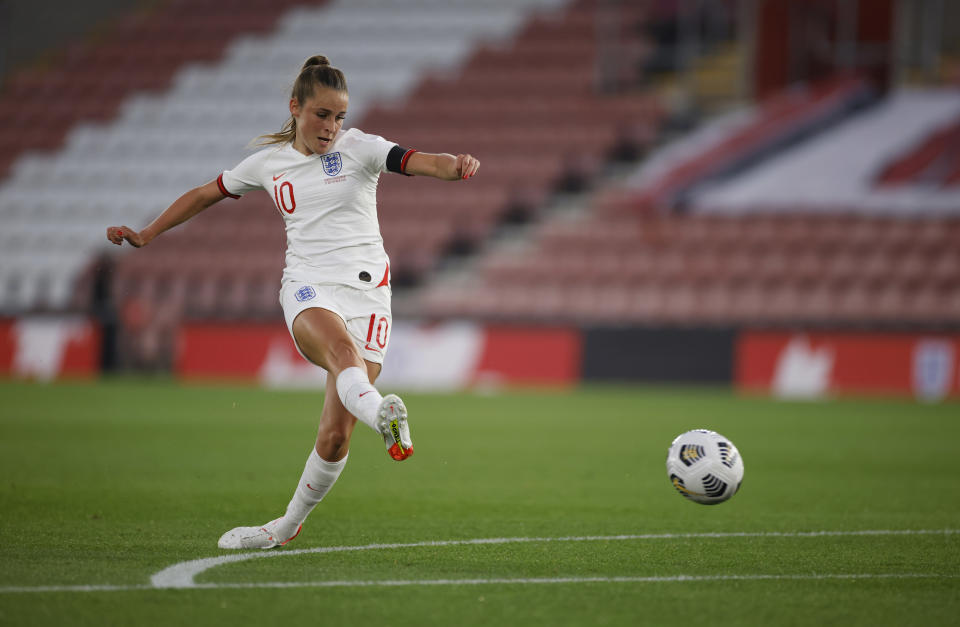 Soccer Football - Women's World Cup - UEFA Qualifiers - England v North Macedonia - St Mary's Stadium, Southampton, Britain - September 17, 2021 England's Ella Ann Toone scores their first goal Action Images via Reuters/John Sibley