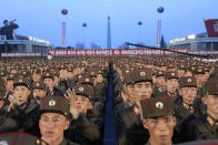 <p>Soldiers gather in Kim Il Sung Square in Pyongyang, North Korea on July 6, 2017, to celebrate the test launch of North Korea’s first intercontinental ballistic missile two days earlier. The North’s ICBM launch, its most successful missile test to date, has stoked security worries in Washington, Seoul and Tokyo as it showed the country could eventually perfect a reliable nuclear missile capable of reaching anywhere in the United States. Analysts say the missile tested Tuesday could reach Alaska if launched at a normal trajectory. (Photo: Jon Chol Jin/AP) </p>