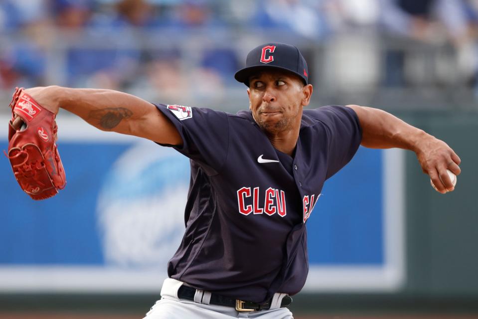 Cleveland Guardians relief pitcher Anthony Gose during a baseball game against the Kansas City Royals in Kansas City, Mo., Saturday, April. 9, 2022. (AP Photo/Colin E. Braley)