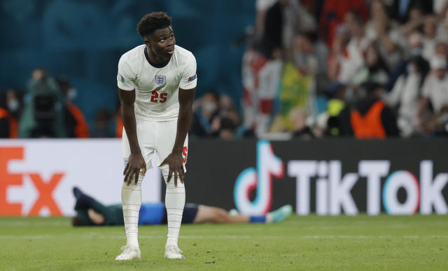 England&#39;s Bukayo Saka shows dejection after he missed the decisive kick in the penalty shootout in the Euro 2020 final.