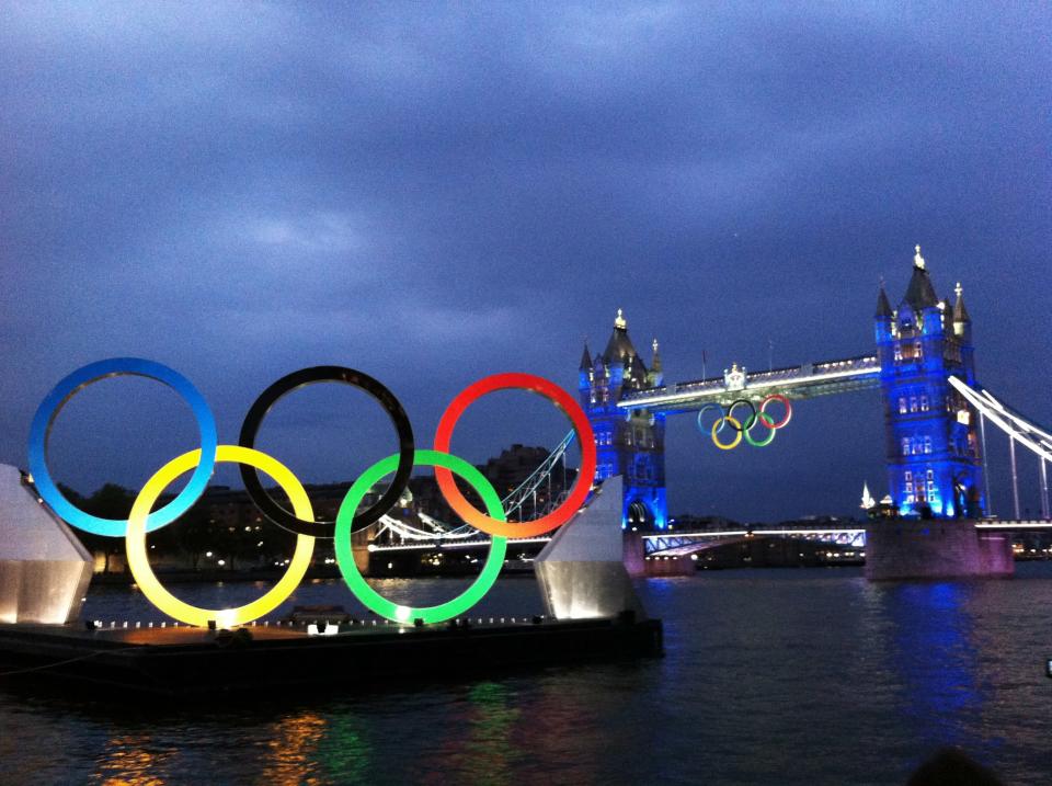 The Olympic rings are seen at Tower Bridge as part of the Opening Ceremony of the London 2012 Olympic Games at the Olympic Stadium on July 27, 2012 in London, England. (Photo by Mark Kolbe/Getty Images)