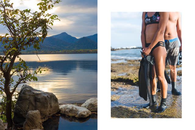 <p>From left: Solveig Placier/Getty Images; iStockphoto/Getty Images</p> From left: On the shore of Lake Kussharo, in Hokkaido, Japan; a couple holds snorkeling gear in a tide pool on the Hawaiian island of Kauai.