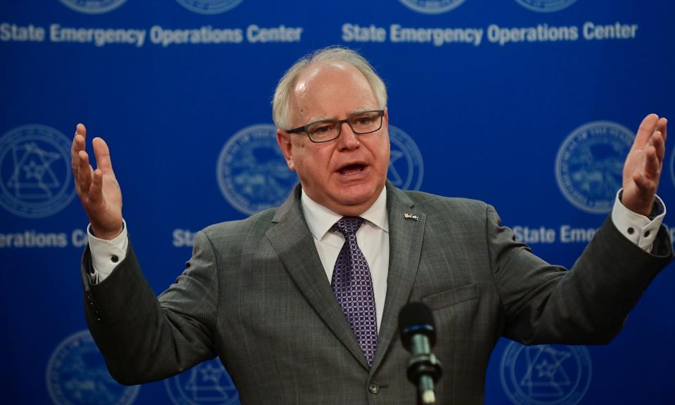 Minnesota Governor Tim Walz provides an update on the state's response to the coronavirus pandemic and the investigation into the death of George Floyd, who died while in the custody of Minneapolis police officers, during a news conference in St. Paul, Minnesota, U.S. May 27, 2020. Picture taken May 27, 2020.