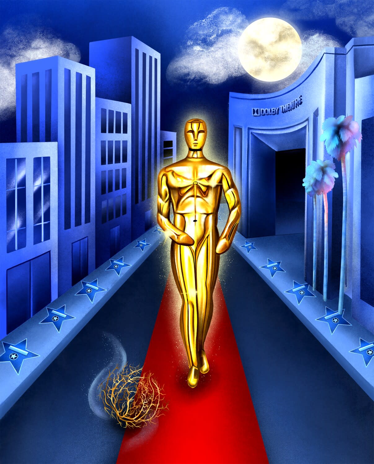 Illustraion of Oscar statue walking down deserted street