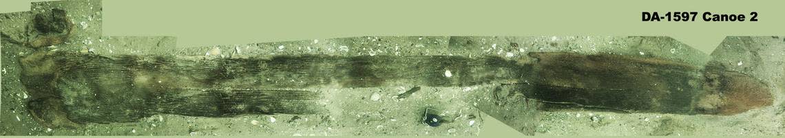 A full view of the 3,000-year-old dugout canoe.