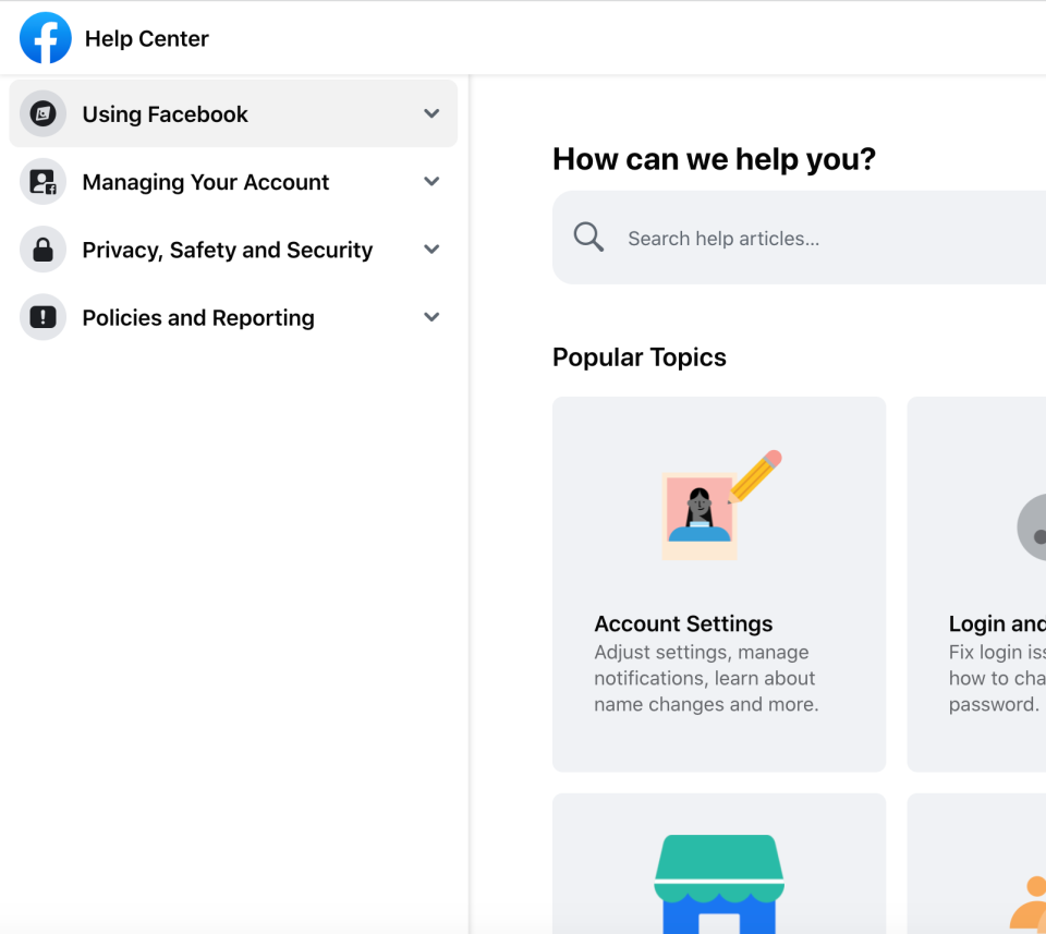 Facebook's Help Center sections