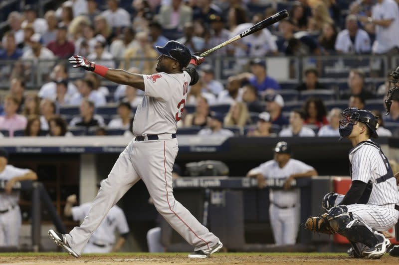 Boston Red Sox David Ortiz, eight-time winner of the Edgar Martinez Outstanding Designated Hitter Award, hits a solo home run in the 4th inning against the New York Yankees at Yankee Stadium in New York City on August 5, 2015. On April 6, 1973, American League baseball teams used a designated hitter for the first time. File Photo by John Angelillo/UPI