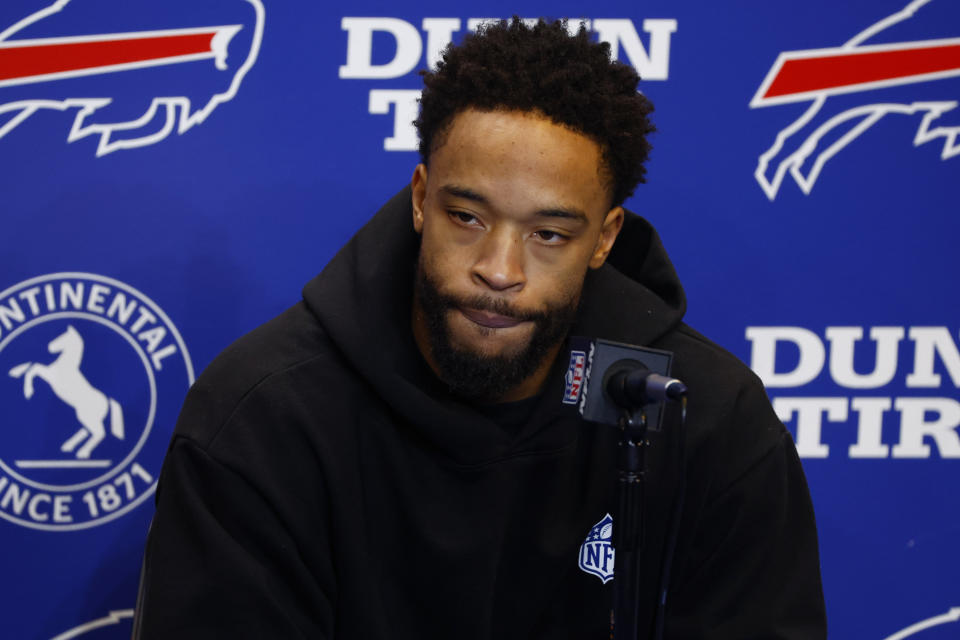 Buffalo Bills cornerback Dane Jackson speaks with the media, Thursday Jan. 5, 2023, in Orchard Park, N.Y. Bills safety Damar Hamlin was taken to the hospital after collapsing on the field during the Bill's NFL football game against the Cincinnati Bengals on Monday night. (AP Photo/Jeffrey T. Barnes)