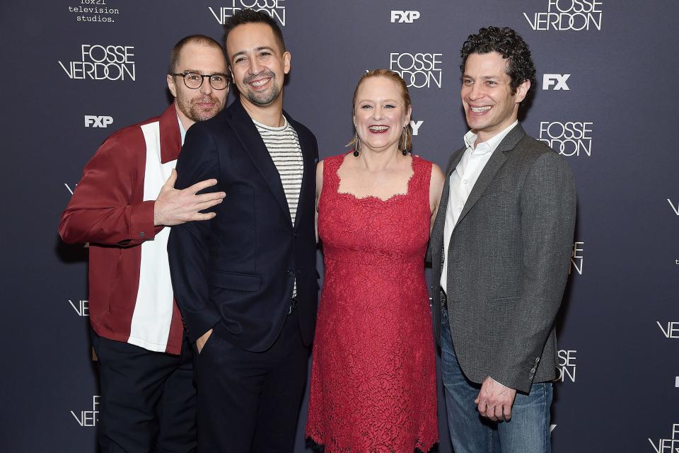 <em>Fosse/Verdon</em> star Sam Rockwell poses with the show's co-executive producers Lin-Manuel Miranda, Nicole Fosse and Thomas Kail at the show's screening and conversation at the 92nd Street Y on Thursday in N.Y.C. 