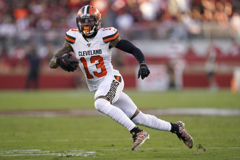 Cleveland Browns wide receiver Odell Beckham Jr. (13) runs against the San Francisco 49ers during the first half of an NFL football game in Santa Clara, Calif., Monday, Oct. 7, 2019. (AP Photo/Tony Avelar)