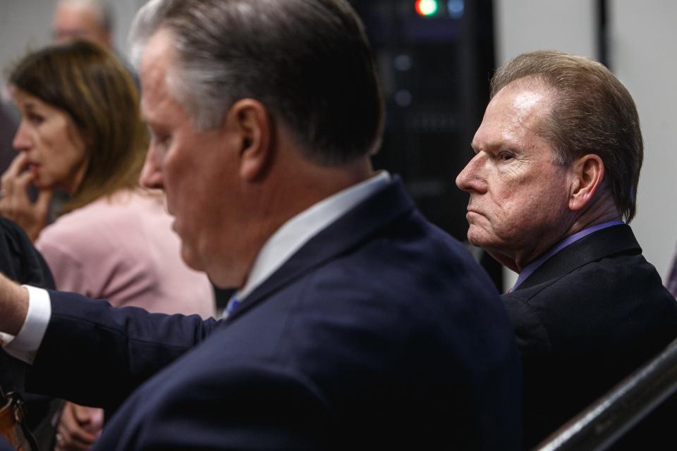 Senator Joey Hensley, district 28, scans the room during a special hearing by the Maury County Public Schools Board reviewing an application submitted by charter school American Classical Academy under the American Classical Education affiliated with Hillsdale College on Tuesday, April 25, 2023.