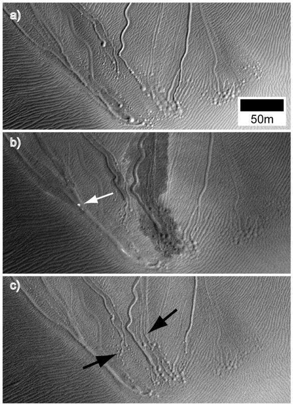 These images from NASA's Mars Reconnaissance Orbiter show linear gullies on a dune in Matara Crater at different times of year. The top image is from Mars' southern-hemisphere early summer, while the bottom two are from spring nearly two Martia